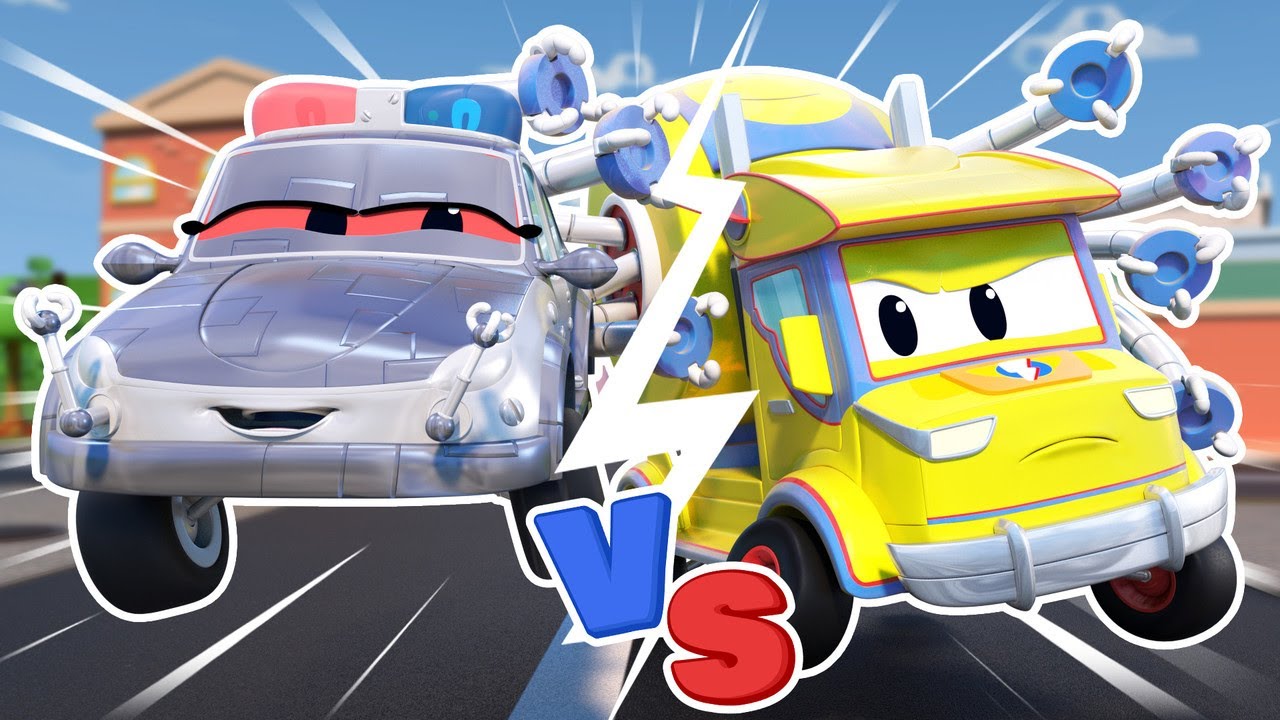 POLICE CAR ROBOT vs. TICKLE TRUCK! Who will win?  | SuperTruck - Rescue | Trucks Videos for Children