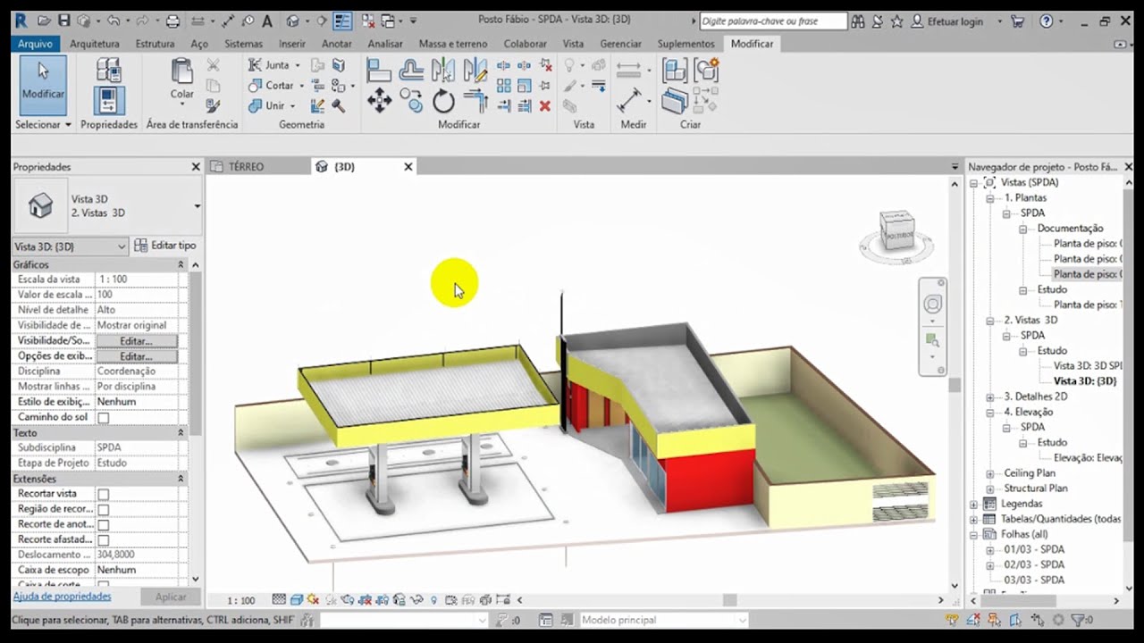 Projeto de Combate a Incêndio e SPDA em um Posto de Combustíveis, feitos no Revit.