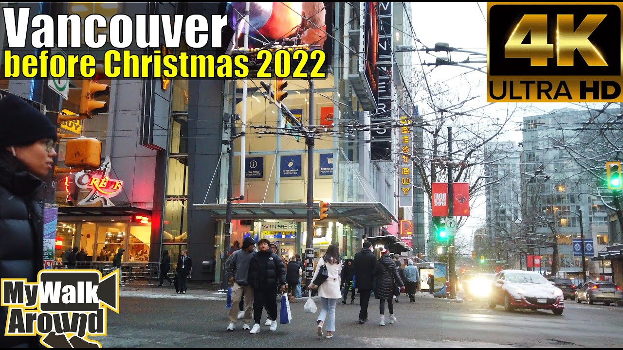 Vancouver December 2022 - pre Christmas walk in Pacific Centre mall and downtown area 4k video walk