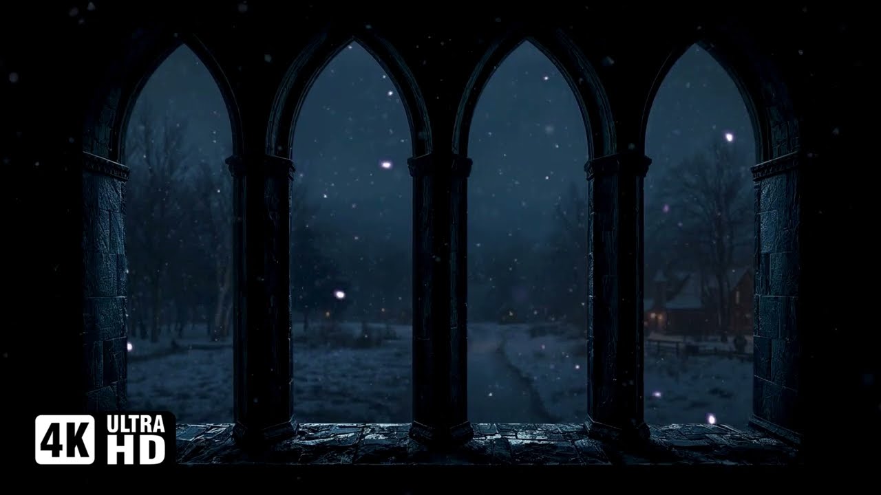 4K Hogwarts Christmas Winter Window Ambience – Snowfall, Magical Castle View for Study & Sleep, work
