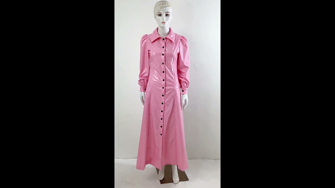Fashion Party PVC Single Breasted A-line Long Dresses Wet Look Turn-down Collar Shirt Dress