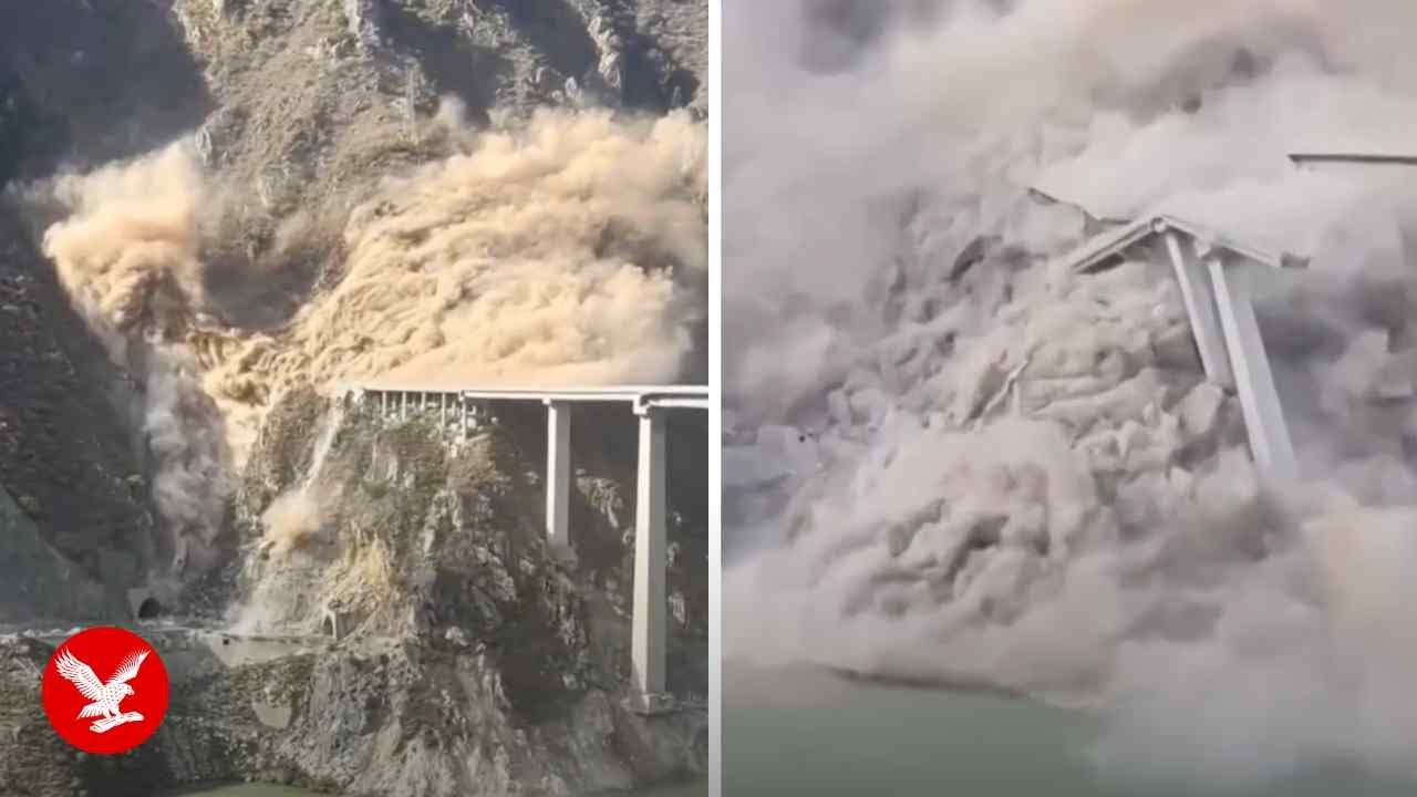 Newly built bridge collapses into river after massive landslide in China