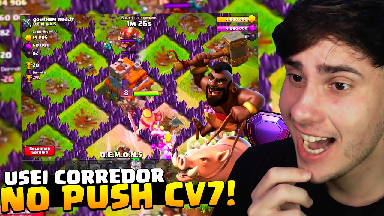 CORREDOR NO PUSH CV7, ESSA ESTRATÉGIA É INSANA! CLASH OF CLANS