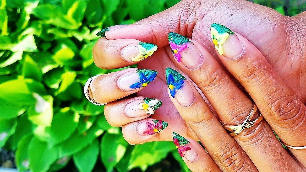 Spring Sculpted Glitter Acrylic Nails + 3D Flowers Nail Art