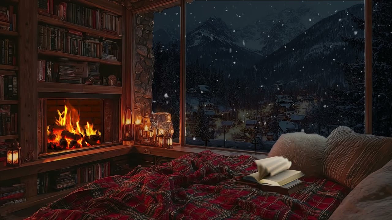 Soft Piano Music and Fireplace Ambience Inside a Snowy Cabin for Sleep and Deep Relaxation