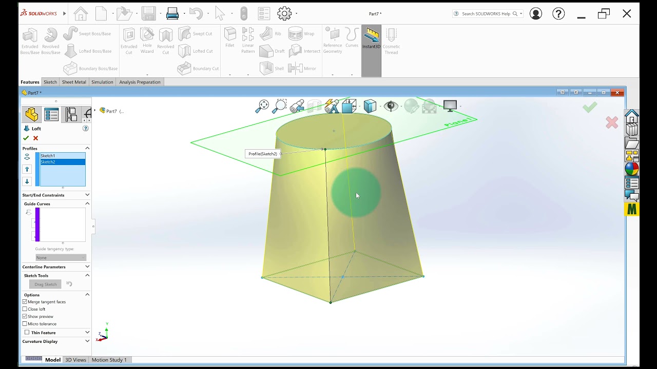 САПР с Solidworks: элемент Loft, переход от квадрата к окружности