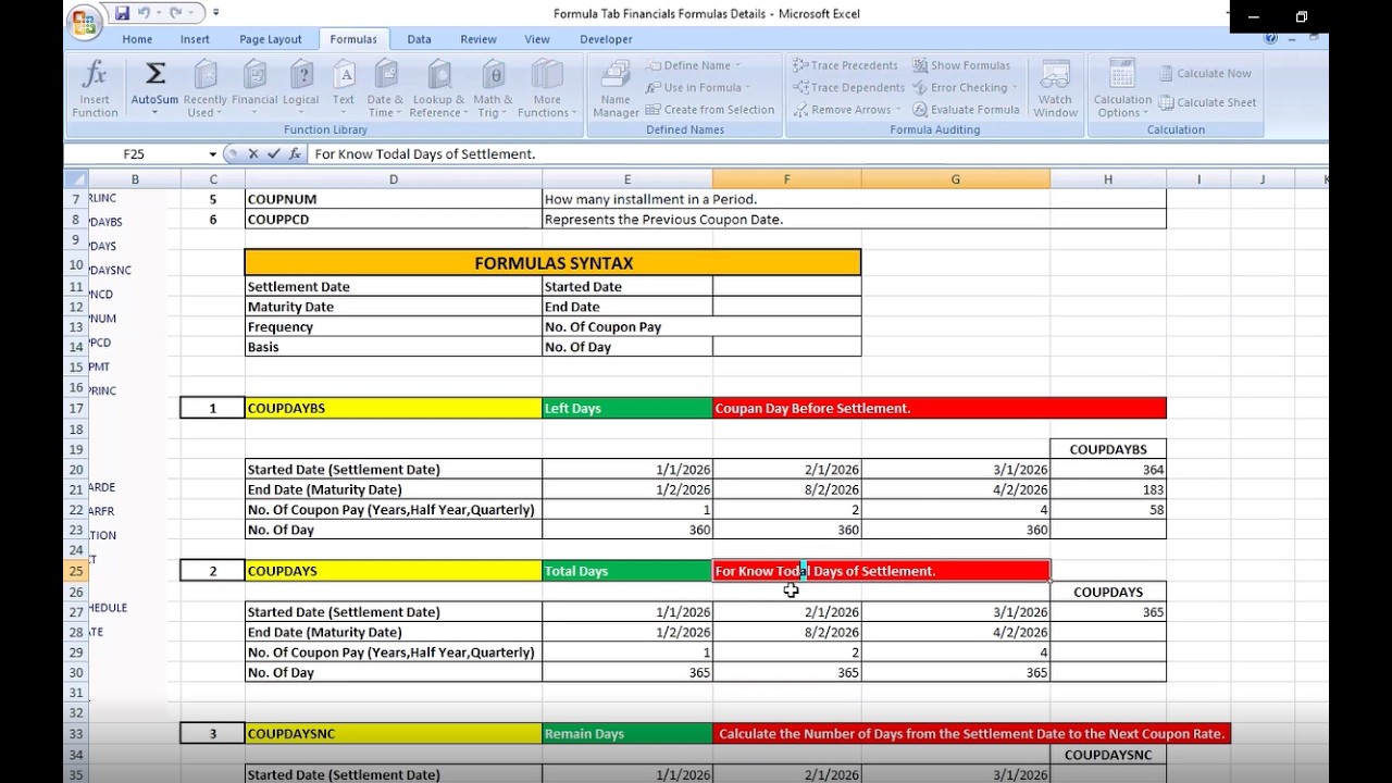 Class # 92 MS Excel 2007 Financial Formulas_COUPDAYBS-COUPDAYS_COUPDAYSNC_COUPNCD_COUPNUM_COUPPCD