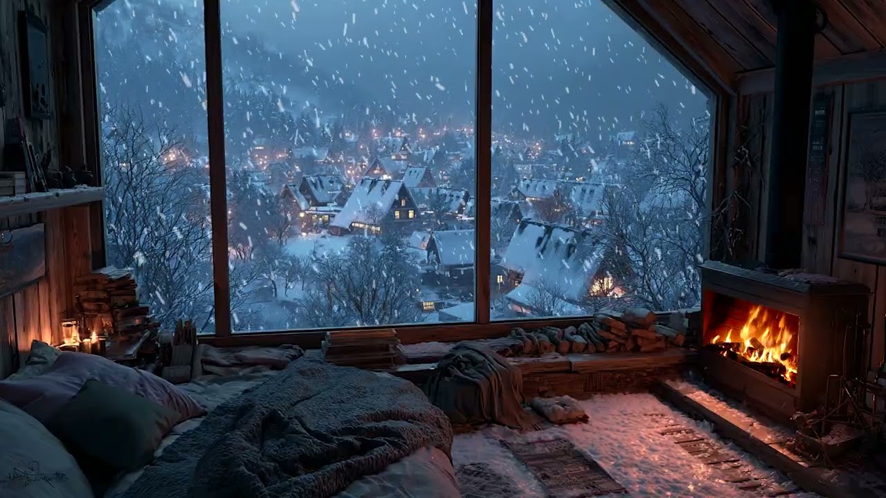 Peaceful Bedroom Shelter as Cold Snow and Wind Drift Across the Dark | Calm Valley Night Escape