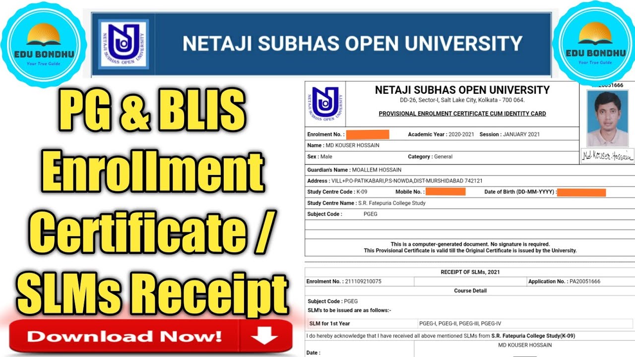 NSOU PG & BLIS Enrollment Certificate Cum Identity Card & SLMs Receipt Download🔥 🔥 🔥
