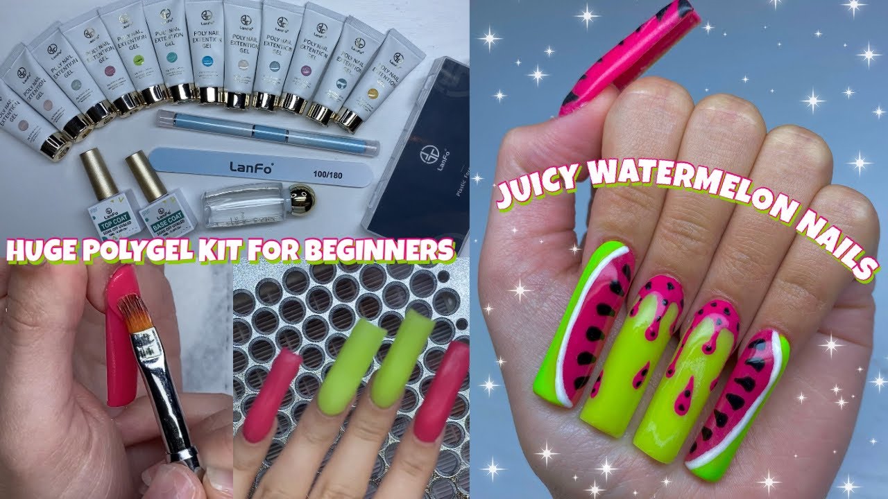TRYING A LANFO POLYGEL KIT FROM AMAZON | SUMMER WATERMELON NAILS | BEGINNER POLYGEL NAIL TUTORIAL