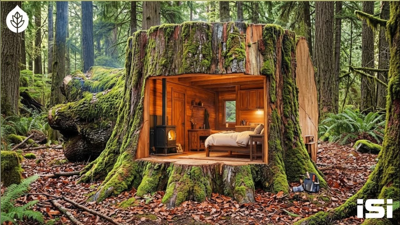 Secret House Inside a Giant Tree Stump | Cinematic Forest Build ASMR