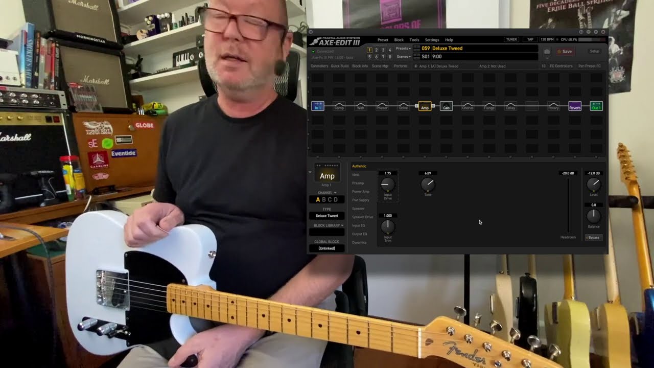 Deluxe Tweed 5e3 (модель Axe-FX III FW16b) и Fender Esquire