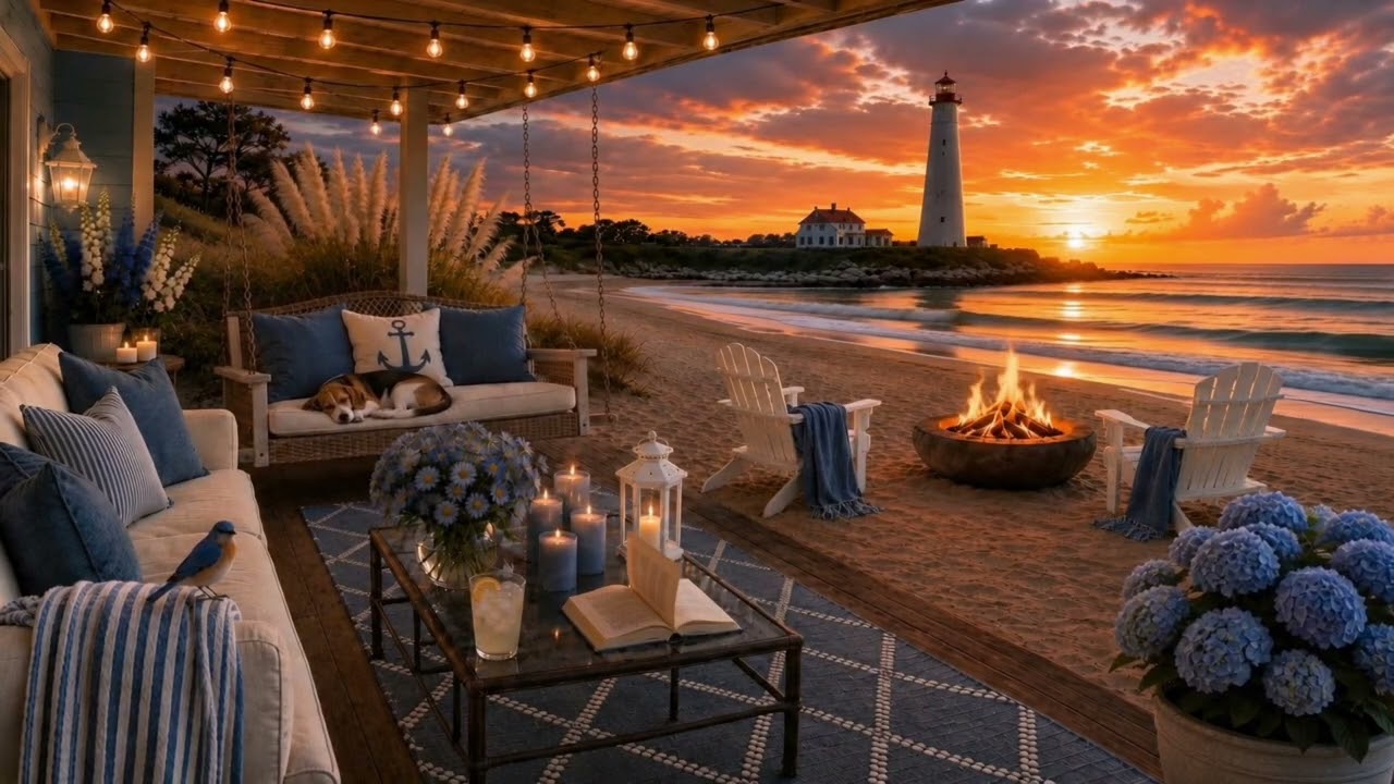 Cape May Lighthouse Sunset 🌊 Cozy Beach Porch Ambience with Firepit & Ocean Waves