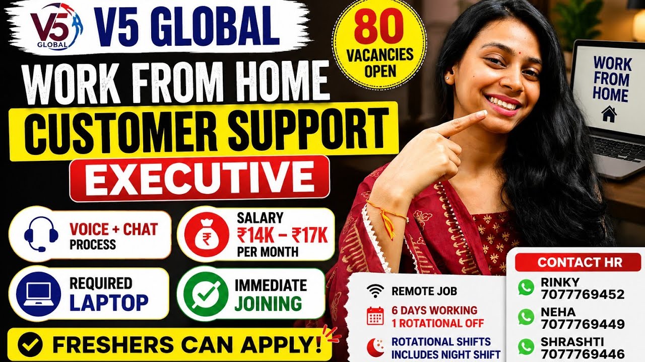 Work From Home Customer Support Job 2026 | Freshers Can Apply | V5 Global Hiring 80 Candidates