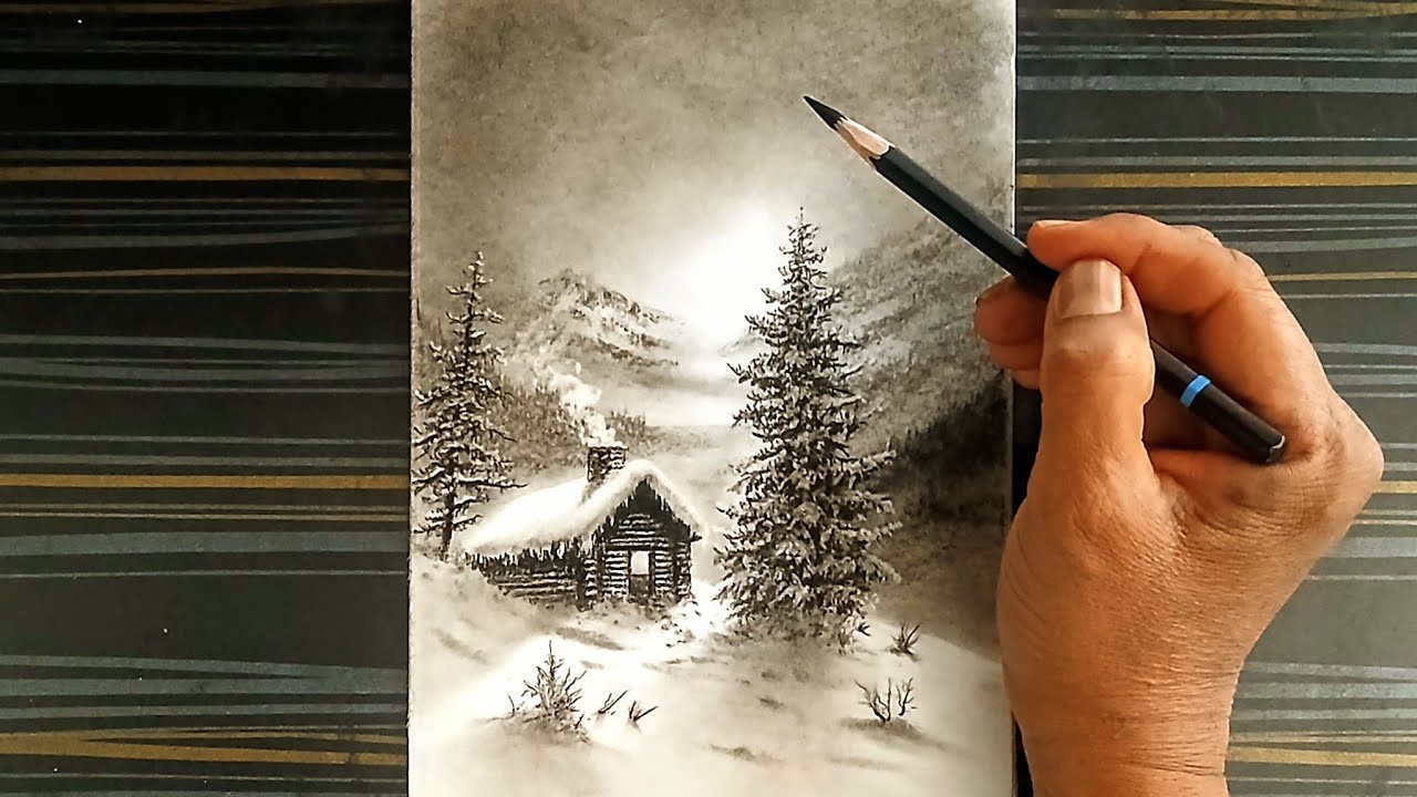 Pencil Sketching for Beginners: Winter Landscape scenery.