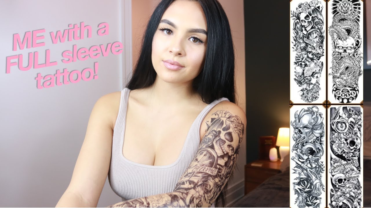 trying on a full sleeve temporary tattoo