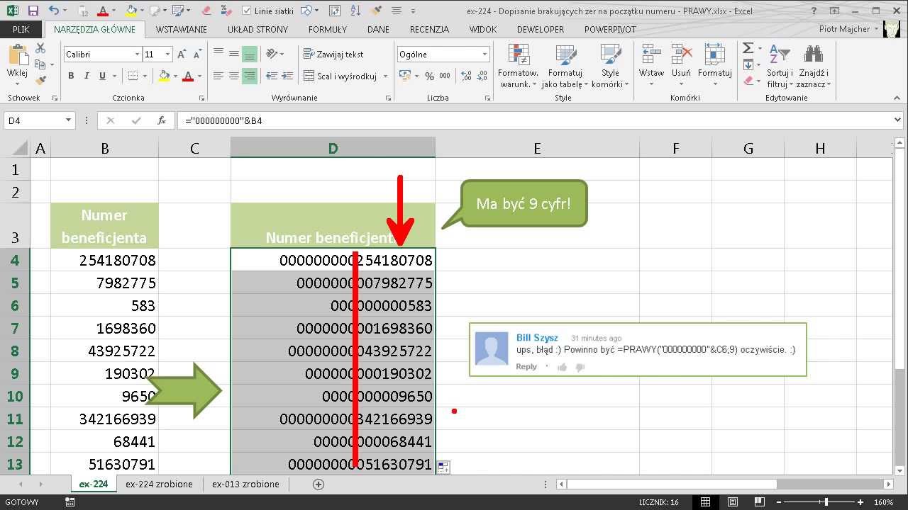 excel-224 - Dopisanie brakujących zer na początku numeru - PRAWY