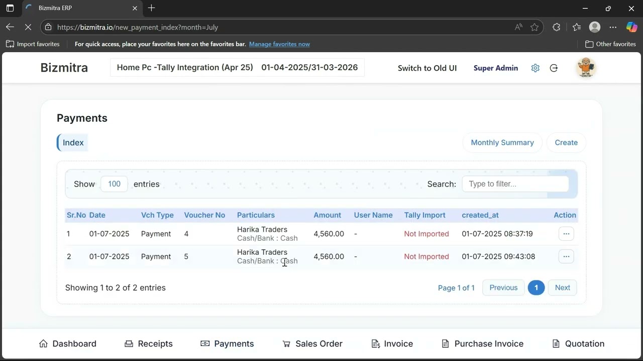 Bizmitra ai create payment voucher