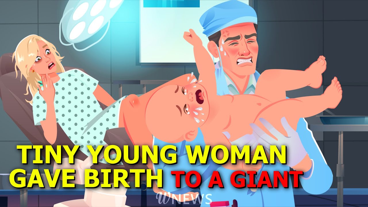 Tiny young woman gave birth to a giant