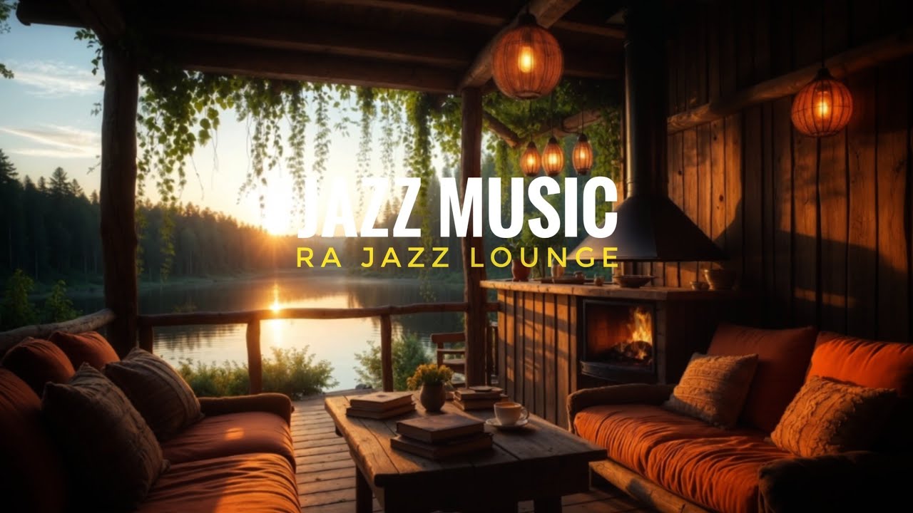 Sunset Riverside Jazz | Cozy Fireplace Lounge in the Forest for Relaxation & Study