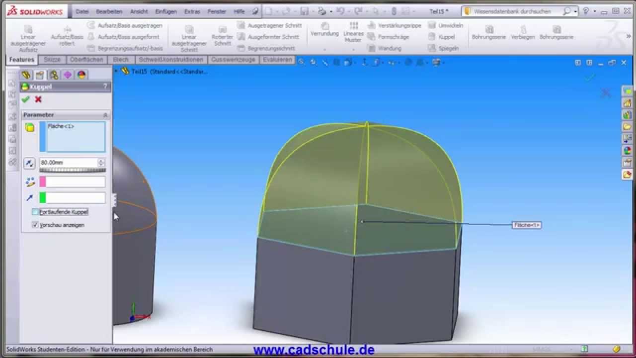 Solidworks Deutsch Tutorial Grundlagen Kuppel/Dome. www.cadschule.com