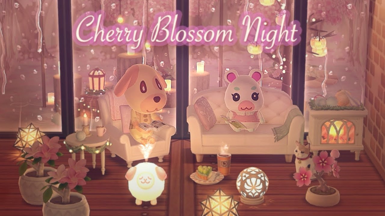 Rainy Animal Crossing Music 🌸🌨️ [1 Hour] | Cherry Blossom Night, Cozy Fireplace Lofi | Focus & Relax