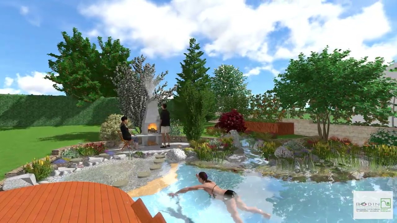 Schwimmteich mit Holzterrasse und Wasserlauf in Stein bei Nürnberg