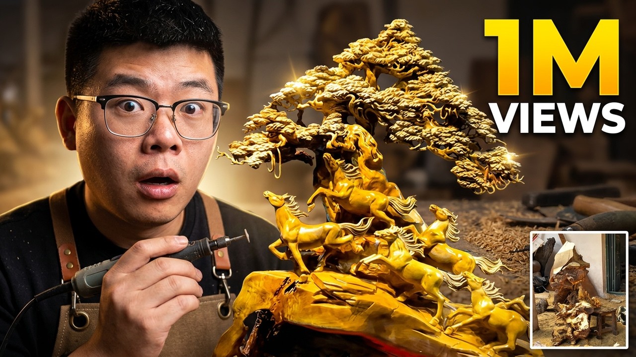 Golden Gallop: Majestic Horses Bonsai Wood Carving