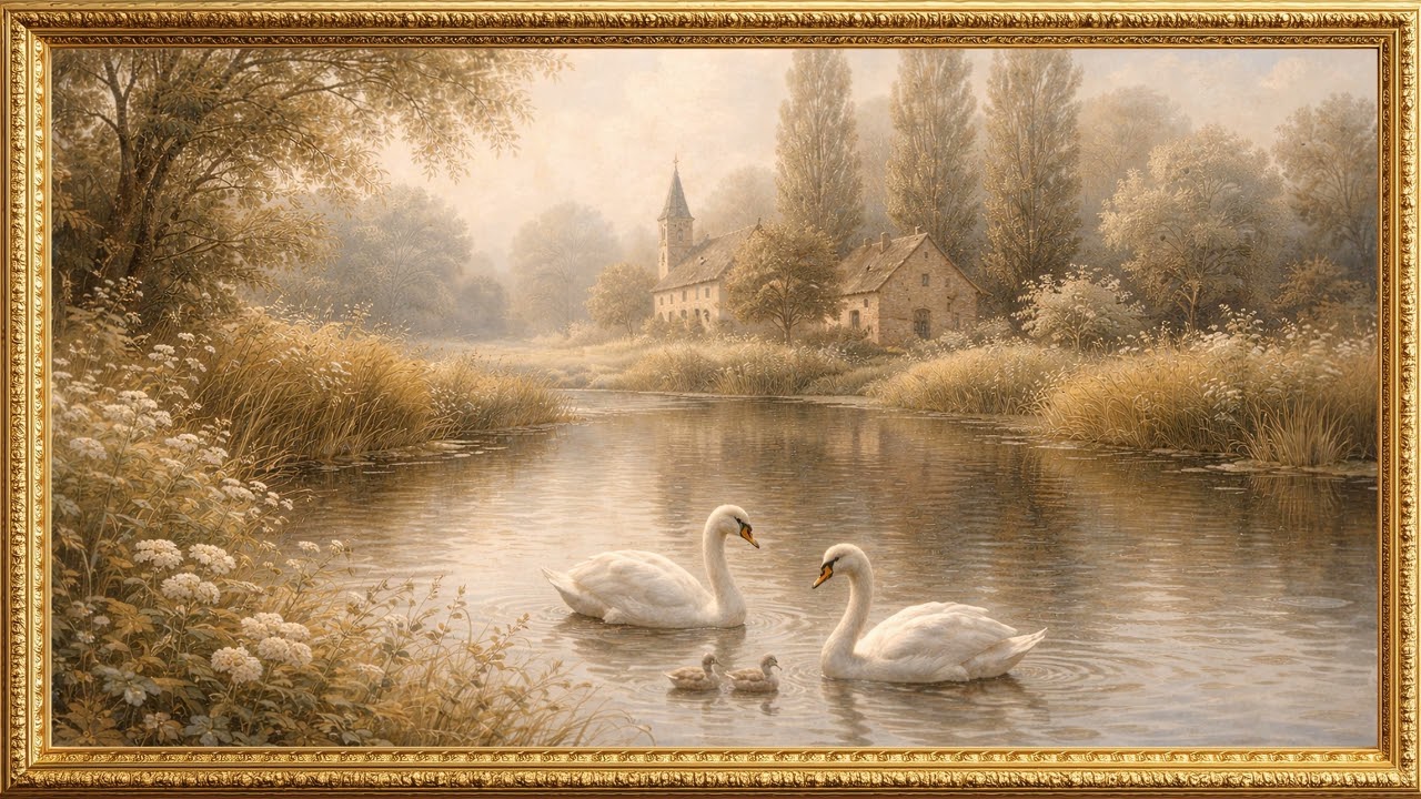Graceful Countryside Swans | Vintage Gold Frame | 4K TV Art Screensaver