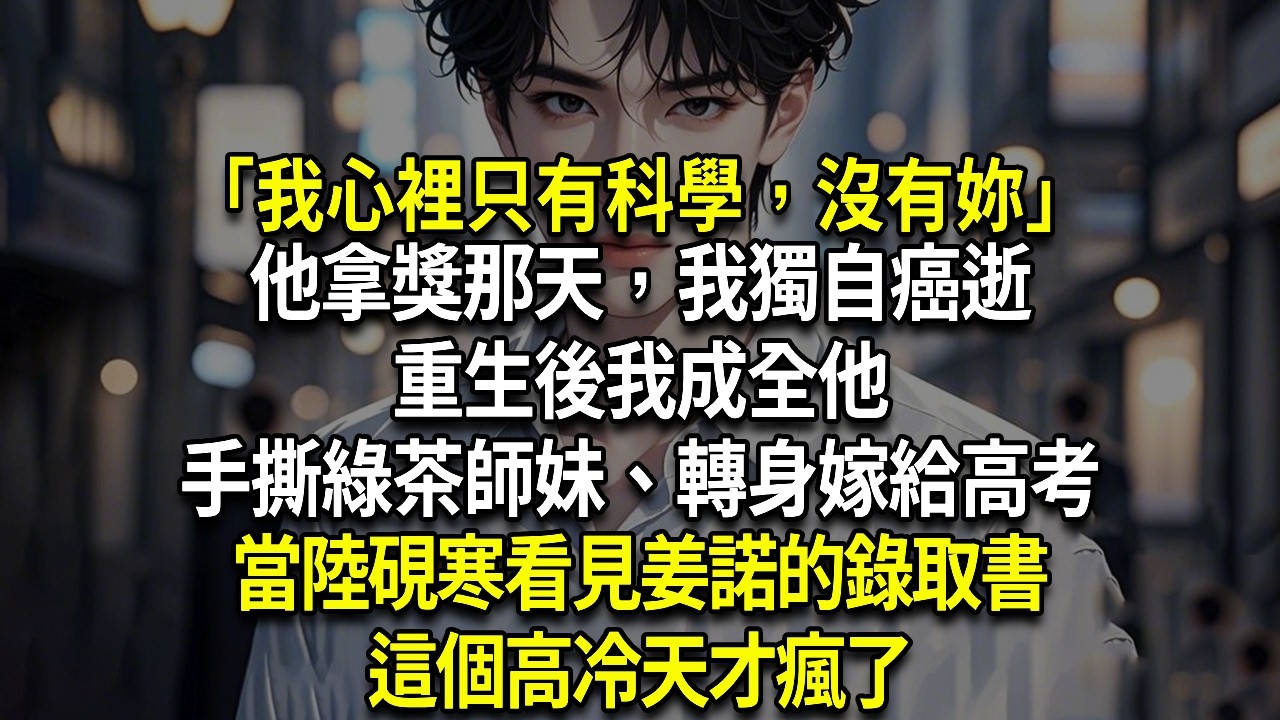 「我心裡只有科學，沒有妳」他拿獎那天，我獨自癌逝。重生後我成全他！手撕綠茶師妹、轉身嫁給高考！當陸硯寒看見姜諾的錄取書，這個高冷天才瘋了
