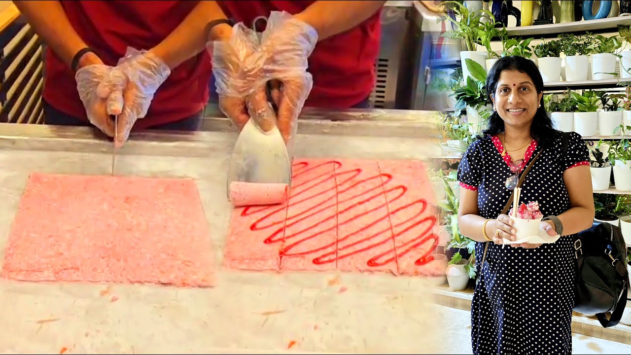 ഈ Ice-cream rolls ഉണ്ടാക്കുന്നത് കണ്ടിട്ടുണ്ടോ/Strawberry red velvet cake rolled ice-cream/Rolofrut 