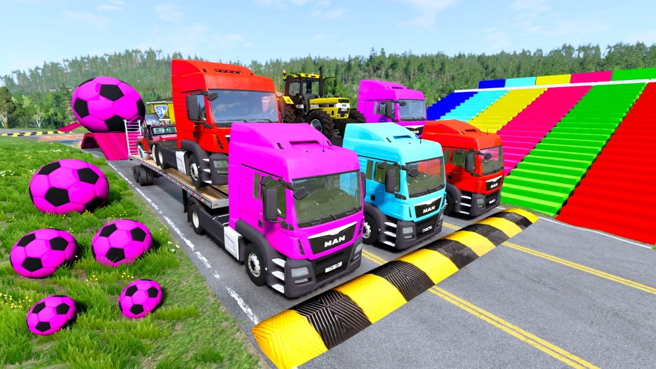 Triple Flatbed Trailer McQueen Transportation with Truck - Speedbumps vs Cars vs Train - BeamNG #06
