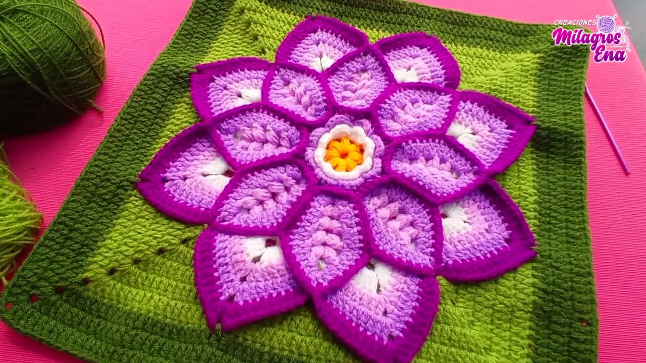 Como tejer el Cuadrado de colores N° 51 o muestra con flor en 3D a crochet para colchas y cojines