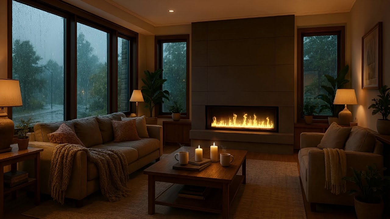 10 HRS 4K - Modern Hearth & Forest Rain ⛈️🔥 | Deep Sleep, Focus, Soothing Ambience for Stress Relief