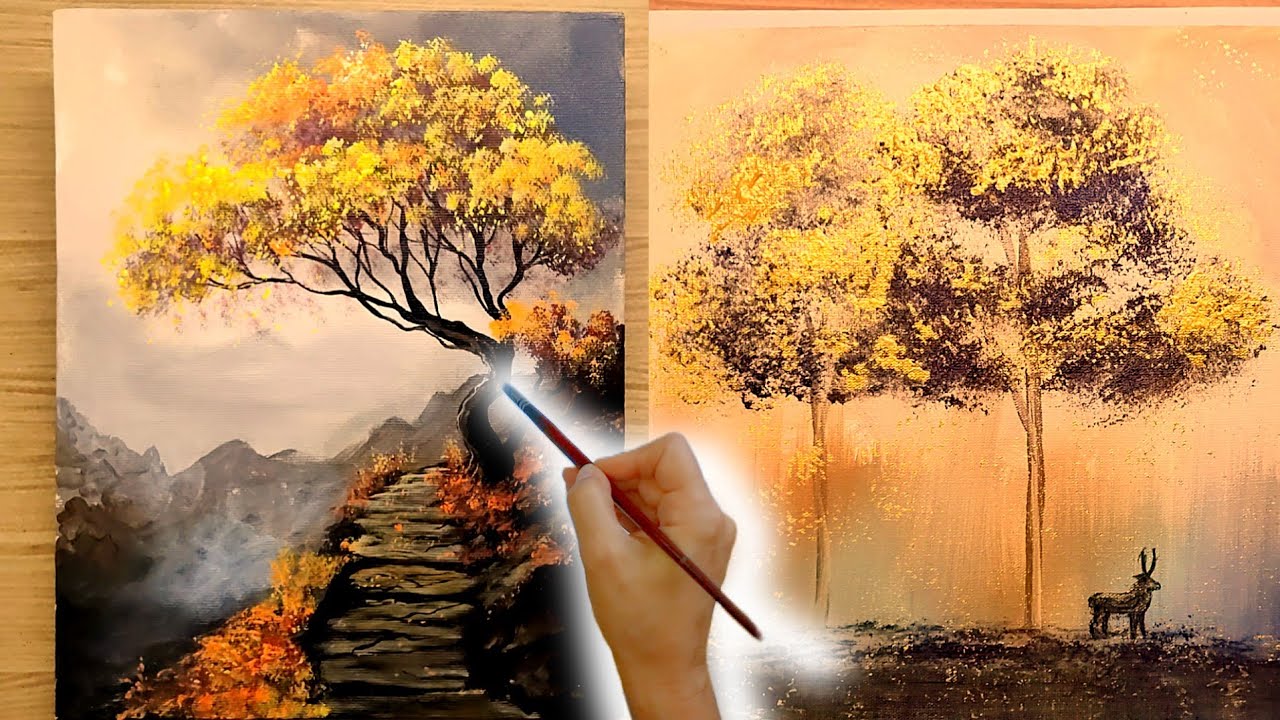 Double Art: Ideas to Paint Charming Yellow Trees | Timelapse | Acrylic Landscape Painting