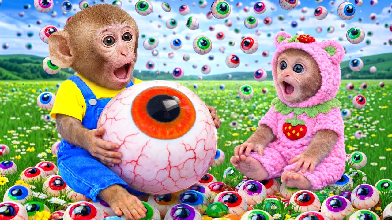 Mono Luna encuentra un ojo de dulce gigante y vive una lluvia dulce con su beb&eacute; 🍬🐒 | MONO LUNA ESP