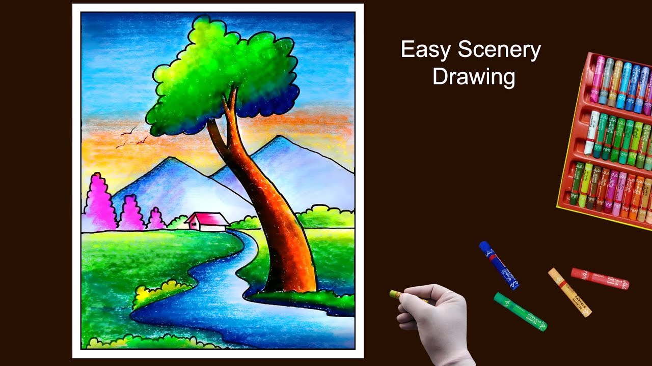 Easy Scenery Drawing by Oil Pastel step by step || Scenery Drawing for Kids