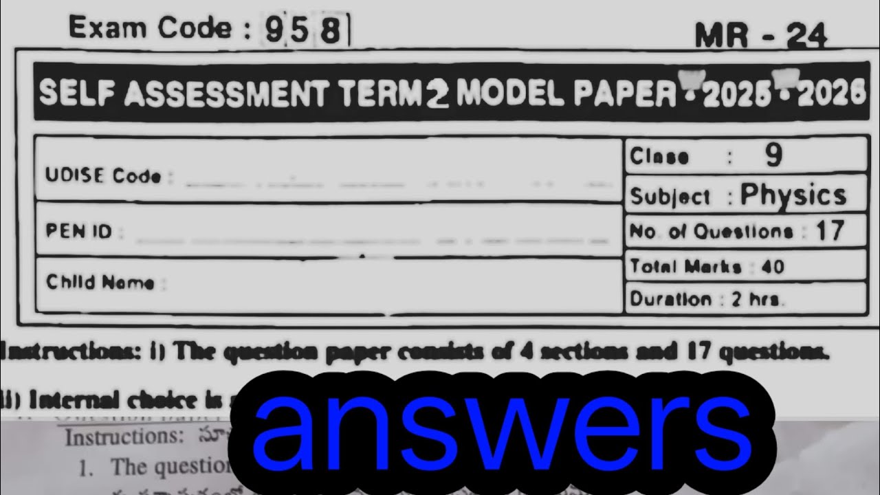 9th class sa2 physical science question paper answers self model paper 3 self assessment term 2 p.s