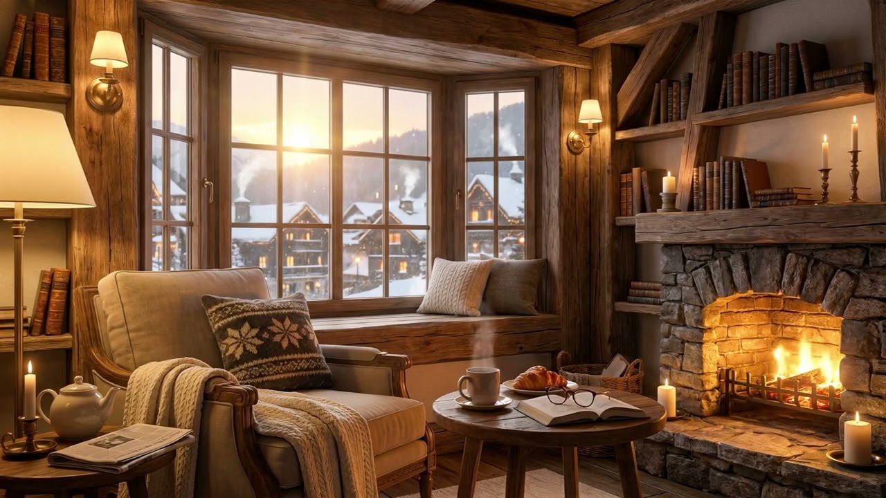 Cozy Reading Nook Ambience | Warm Fireplace & Alpine Morning Calm