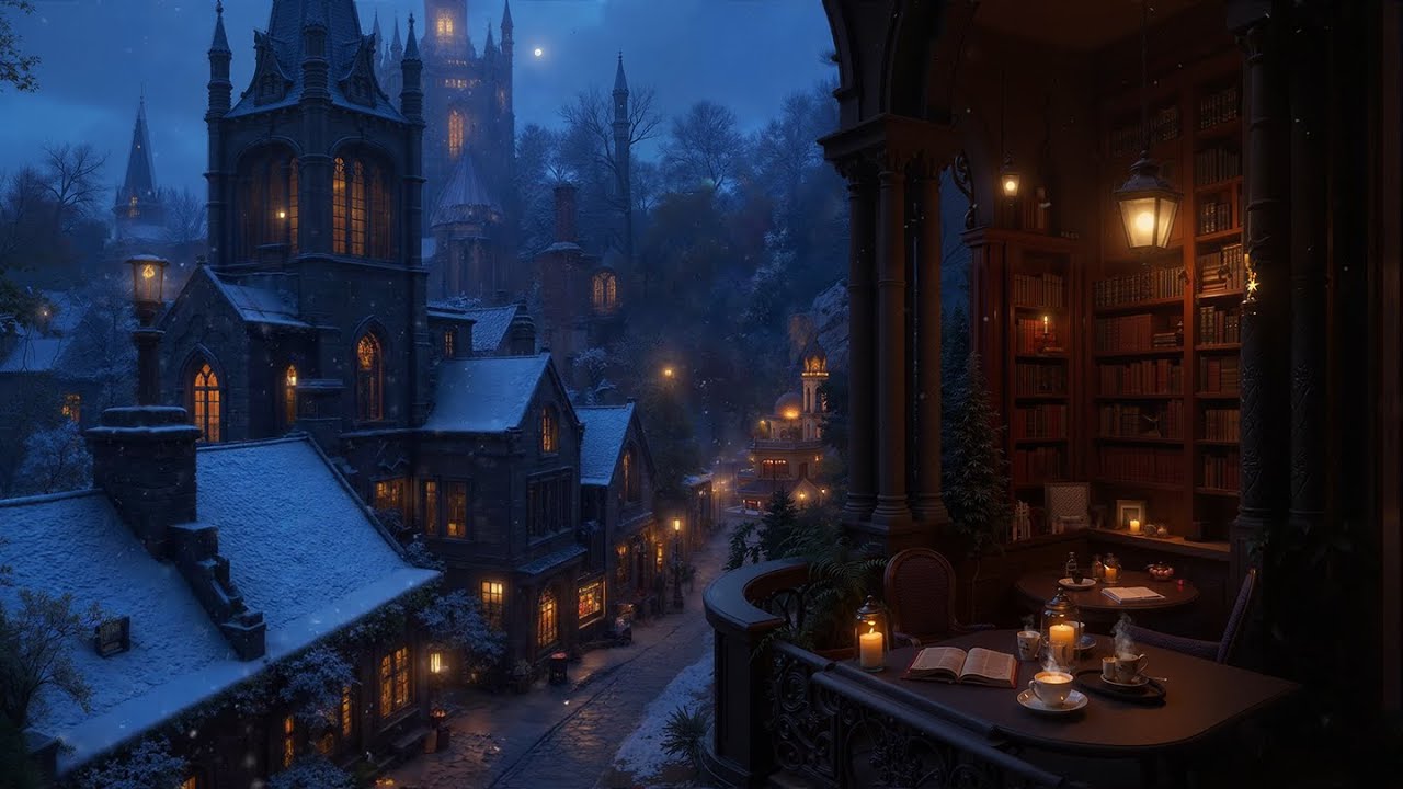 Winter Night on a Gothic Balcony ❄️ Cozy Dark Academia Ambience to Study and Relax