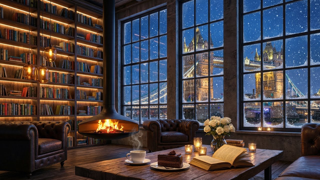 Winter Library Cafe Ambience with Warm Jazz Music ❄️ Relaxing Jazz Piano & Soft Snowfall for Reading