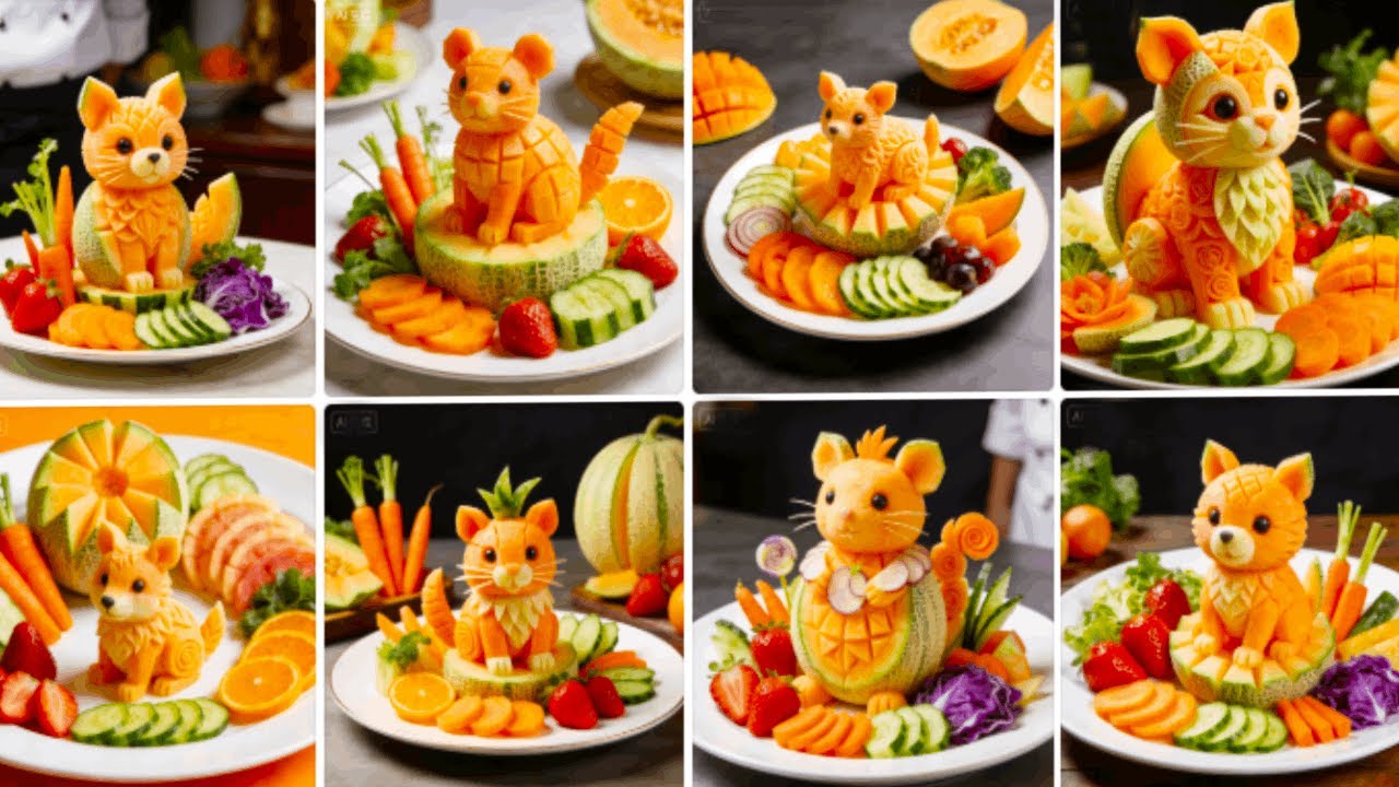 A Cantaloupe Fruit Platter Made By A Five-Star Hotel Chef, With Lifelike Animal Shapes.