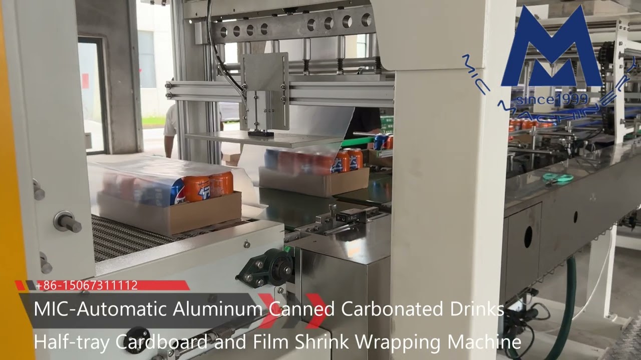 Automatic half tray cardboard and film shrink wrapping machine for aluminum cans beer beverage