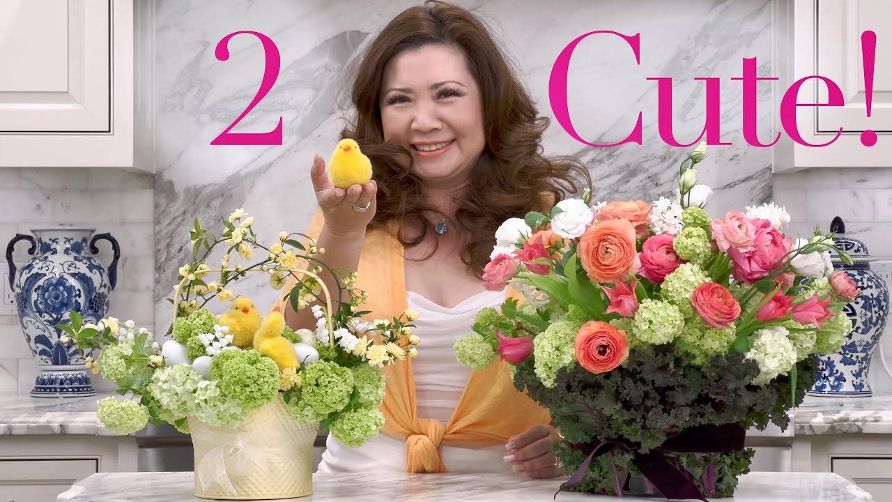 2 Whimsical Centerpieces for Easter: Spring Flowers in Kale Container/Chicks in Basket
