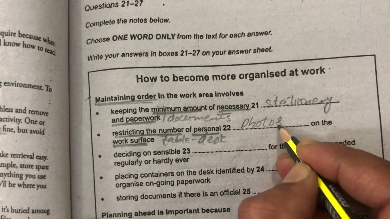 IELTS Reading fill in the blanks |The value of being organised at work|Reading notes completion