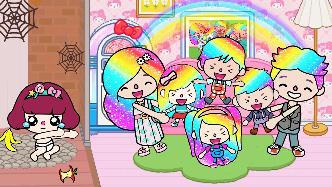 Eu sou a única sem cabelo arco-íris na minha família 🌈 😭 História triste | História de vida da Toca
