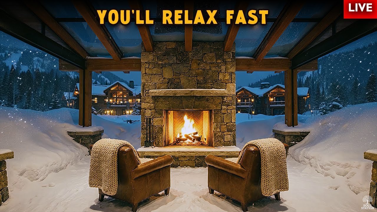 Cozy Winter Night Relaxation in 4K | Snowfall Fireplace Ambience in a Luxury Cabin