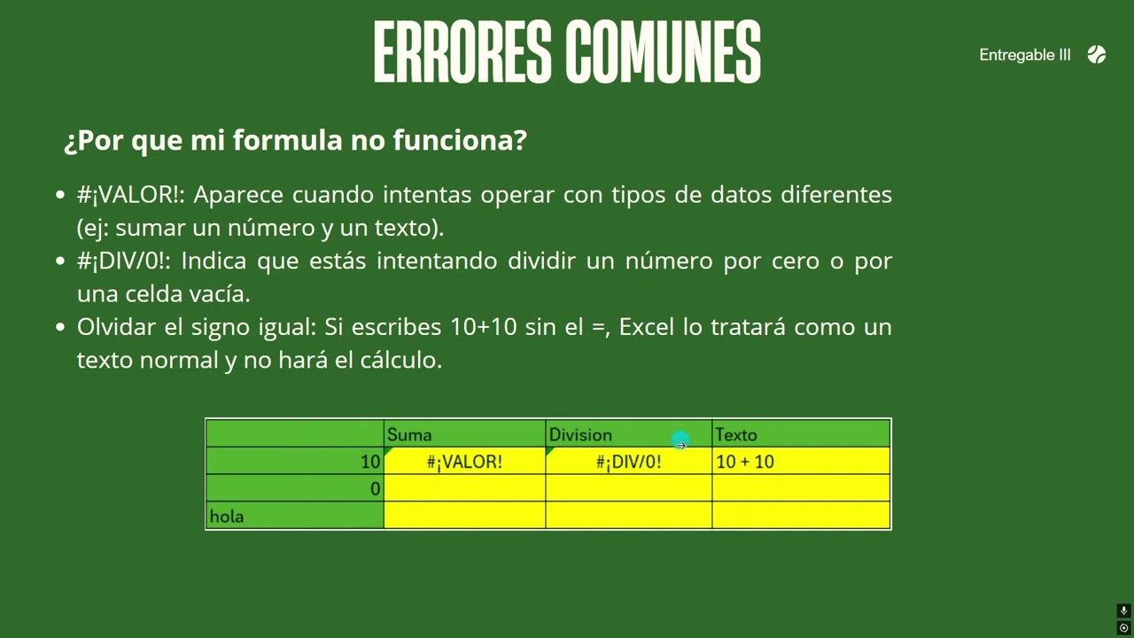 Clase de Excel numero 3: Concepto de formula, operaciones básicas y errores comunes.