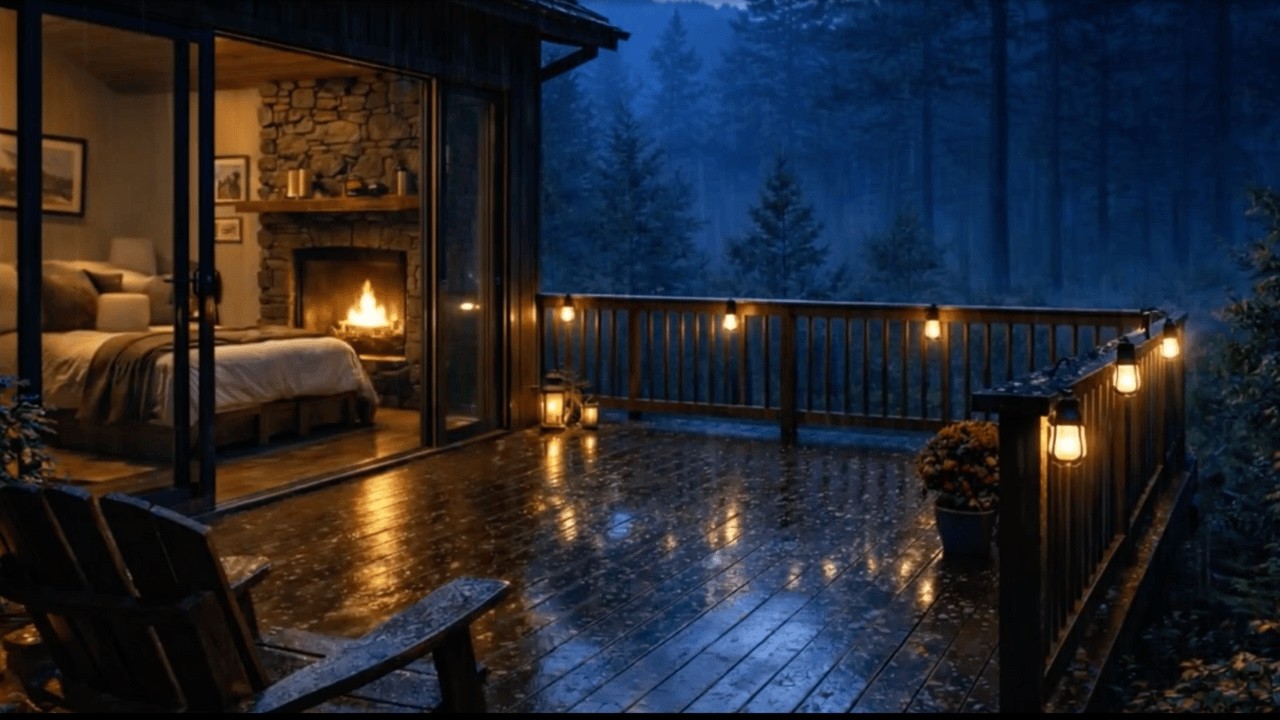 Rain Sounds for Sleep | Soft Heavy Rain on a Cozy Forest Cabin Deck at Night