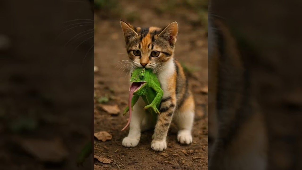 «Котенок поймал хамелеона! Битва на диком дереве закончилась шоком!